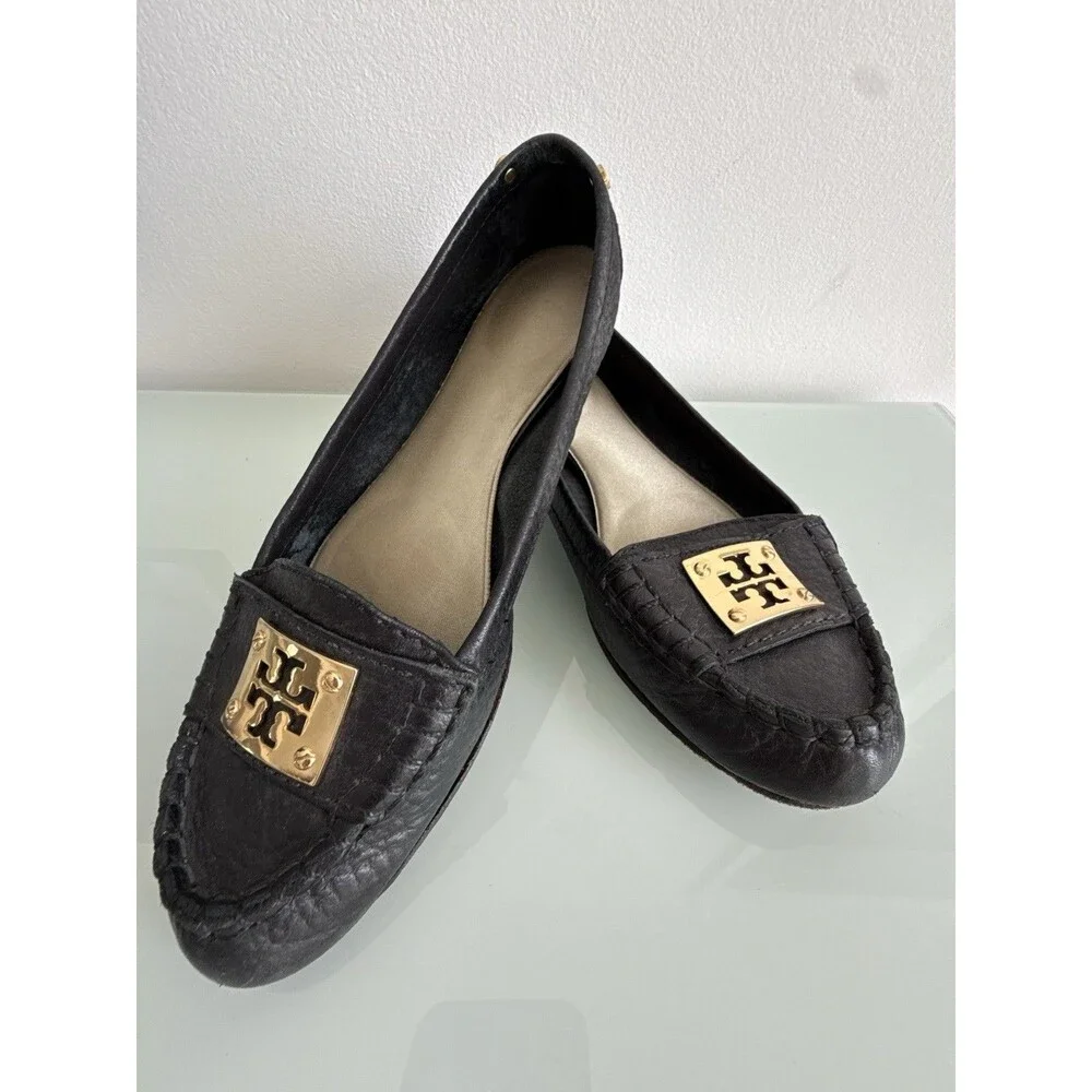 ✿ Tory Burch Black Leather Logo Ballet Flats Gold Plate Size 8M